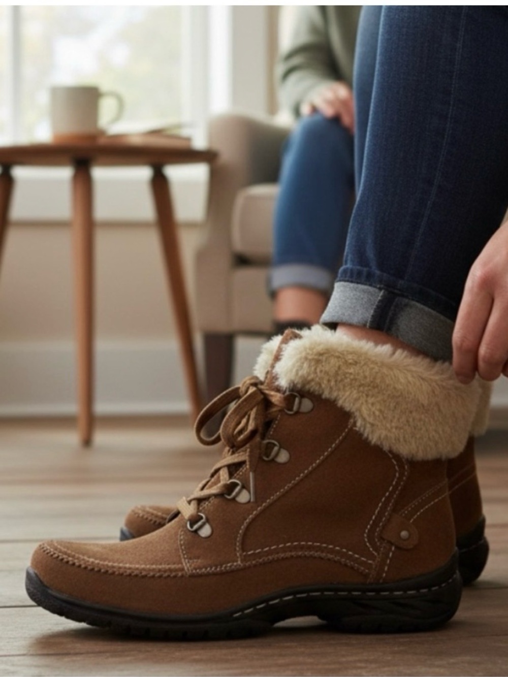 Bass Lonewolf Stylish Winter Ankle Boots with Cream Fur, Tan Suede, Size 9.5‎